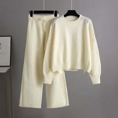 Knitwear o- neck ribbed pullover sweater 2 piece sets women wide leg pants oversize casual knitted outfits
