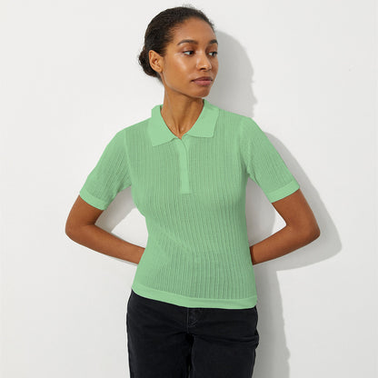 2026 spring summer knitted short sleeve slim fit pullover polo collar knitwear fashion solid color women’s sweater