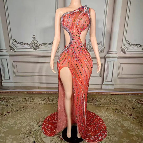 ZD Elegant Asymmetric Rhinestone Bodycon Evening Dress Sexy Side Cutouts Thigh-High Slit Floor-Length Formal Gown for Red Carpet