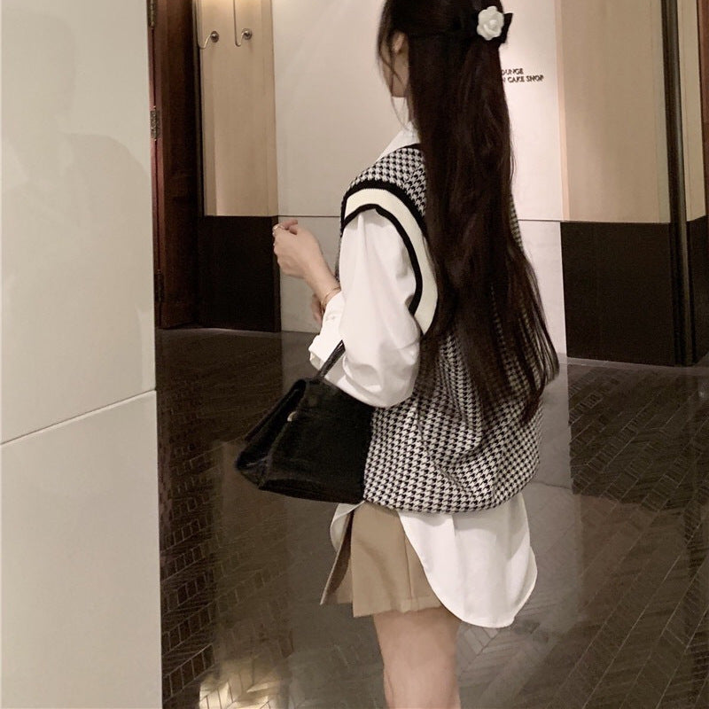v neck autumn winter knitwear sleeveless vest color blocking loose unisex casual sweaters