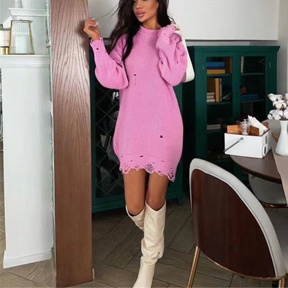 Hot sales oversize pure color knitwear o-neck elegant hollow out knitted women dress sweaters