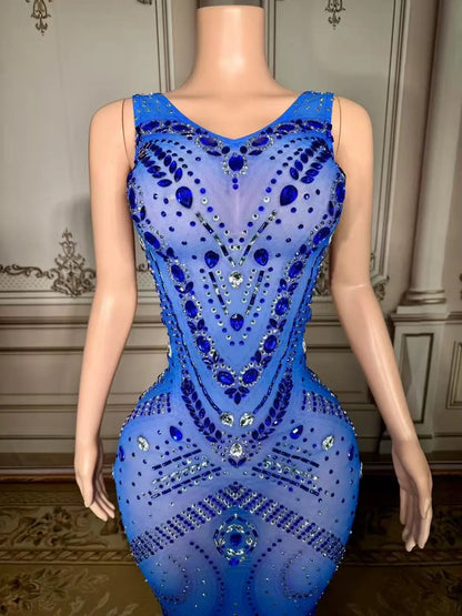 ZD Sparkly Blue Rhinestones Long Dress Birthday Celebrate Transparent Dress Women Dancer Dresses