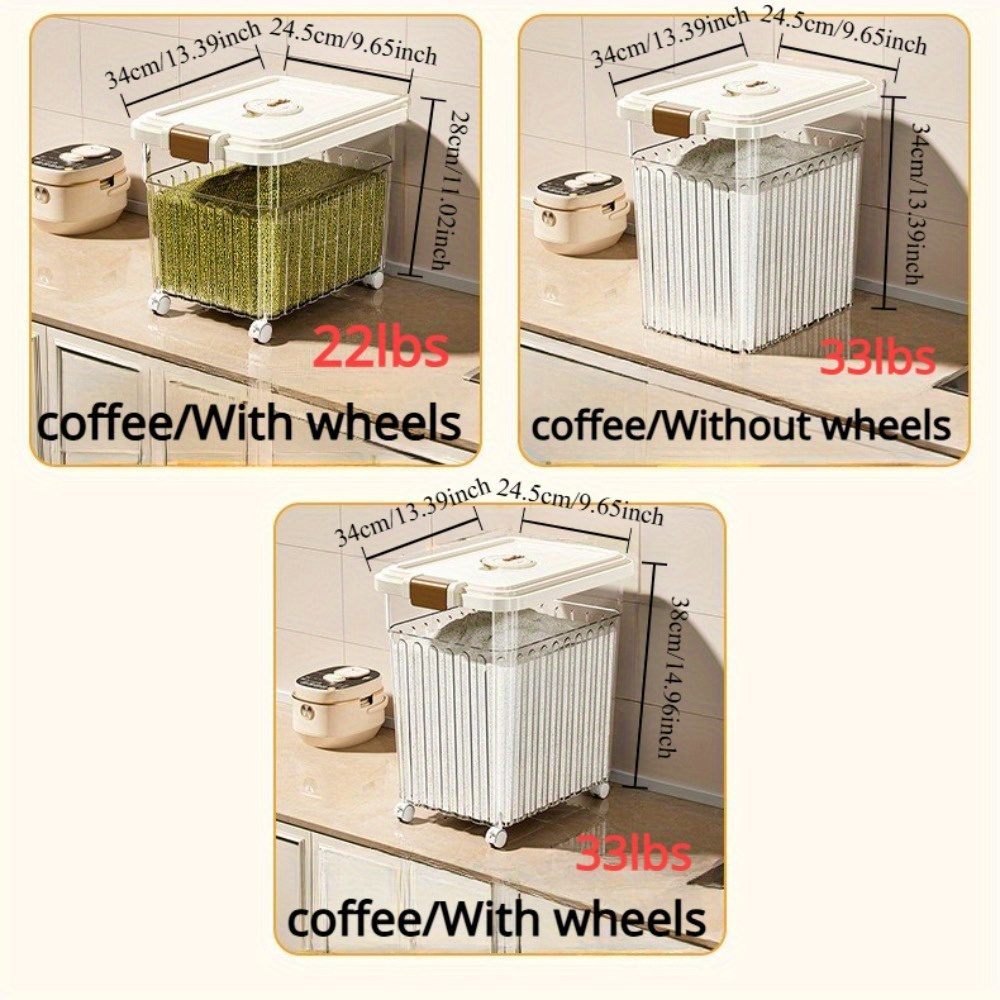 Sealed rice container – available in various capacities (11/22/33 lbs), moisture-proof food storage container.