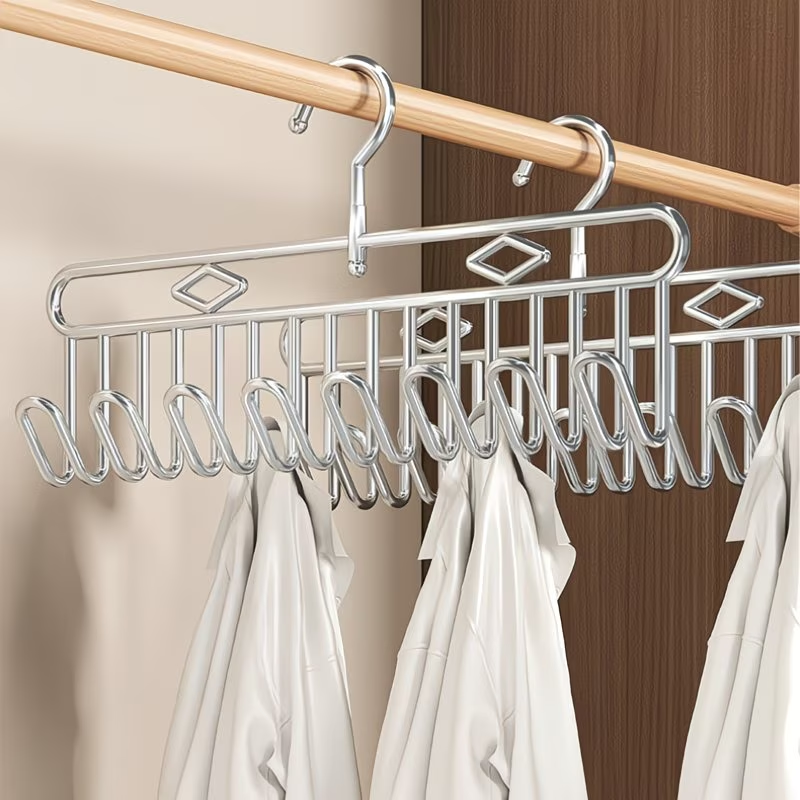 This stainless steel clothes hanger can be used as a space-saving storage rack.