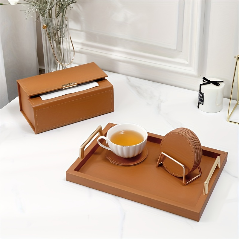 6 faux leather coasters with metal stands and cork bases