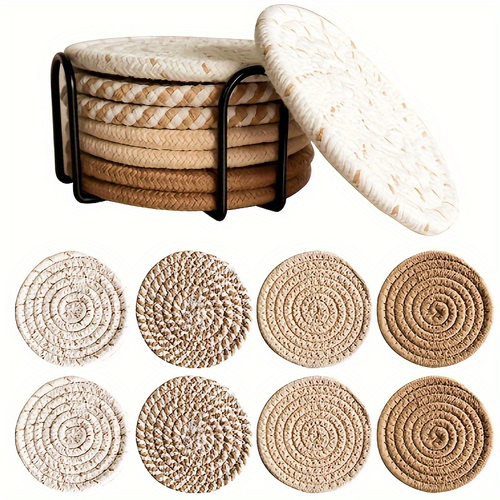 6-piece elegant woven polyester coaster set with black metal stand