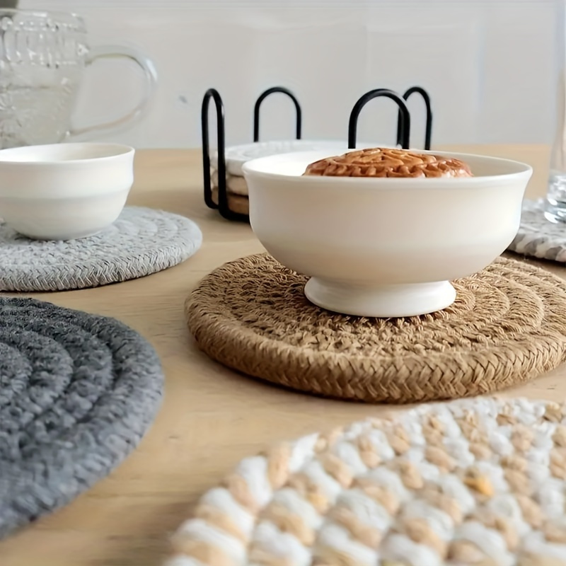 6-piece elegant woven polyester coaster set with black metal stand